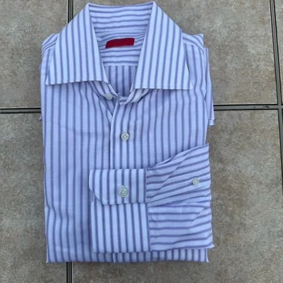 Isaia Lavender Striped Dress Shirt - Picture 1 of 13